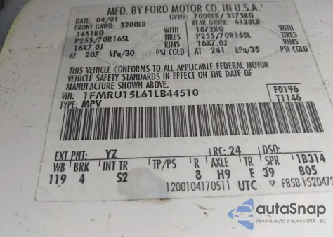 2001 Ford Expedition Xlt из США, поврежденный, VIN 1FMRU15L61LB44510